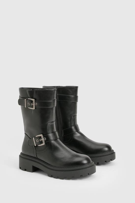 Shuvva Women's Black Double Buckle Mid-Calf Hiker Boots