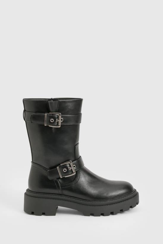 Shuvva Women's Black Double Buckle Mid-Calf Hiker Boots