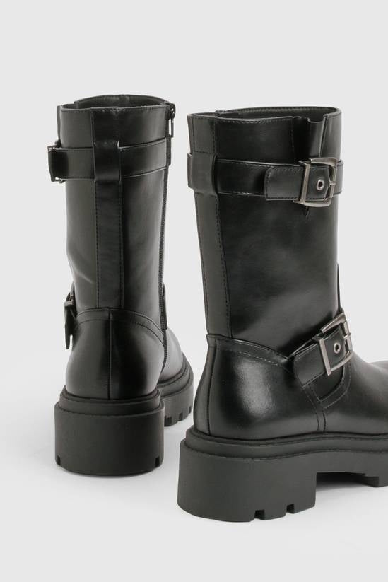 Shuvva Women's Black Double Buckle Mid-Calf Hiker Boots