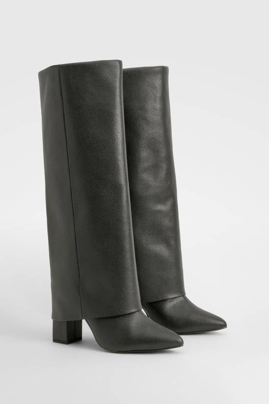 Shuvva Women's Black Textured Fold-Over Knee-High Block Heel Boots